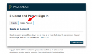 Screenshot of Student and Parent login for PowerSchool with an arrow pointing to where parents can Create an Account